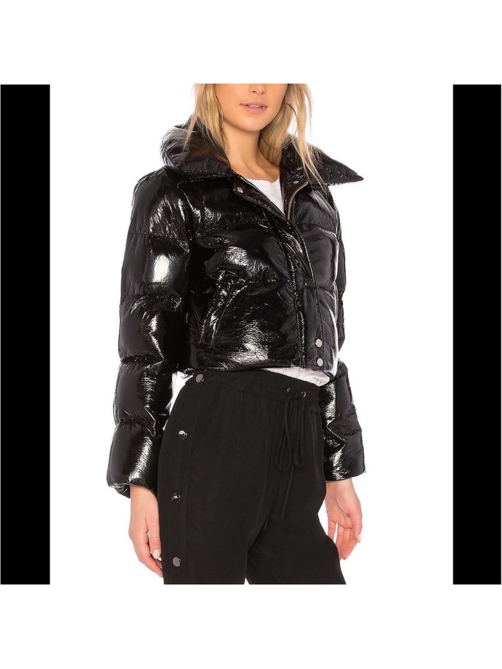 LPA Shiny Black Cropped Puffer Jacket